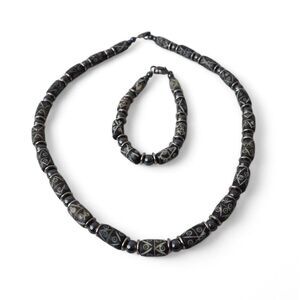 Intercrafts Peru Clay Beaded Necklace and Bracelet Set Black‎ / Grey NEW